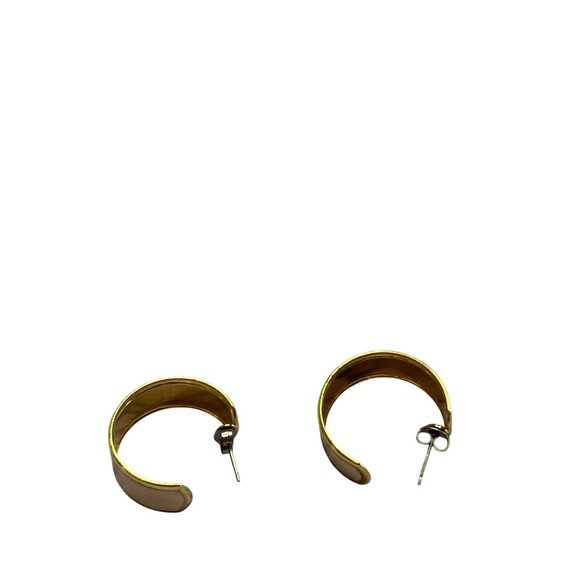 Vintage Goldtone Cream Enamel Open Hoop Earrings With Post Backs 1 inch - Picture 2 of 2